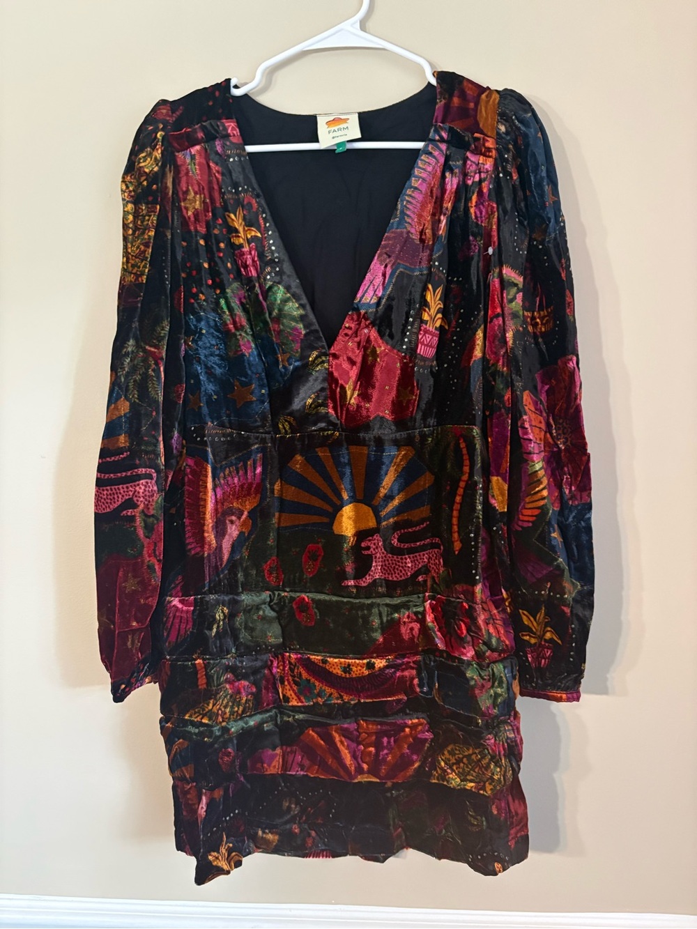 Farm Rio Crazy Mix Plunge Neck Long Sleeve Velveteen Mini Dress Size S - Picture 3 of 7